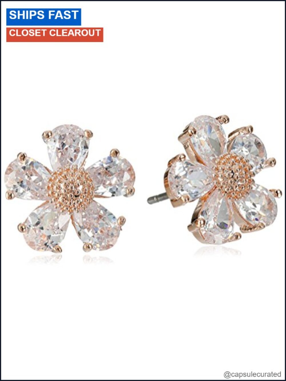Crystal Flower Stud Earrings Rose Gold-Tone Glass Post Back